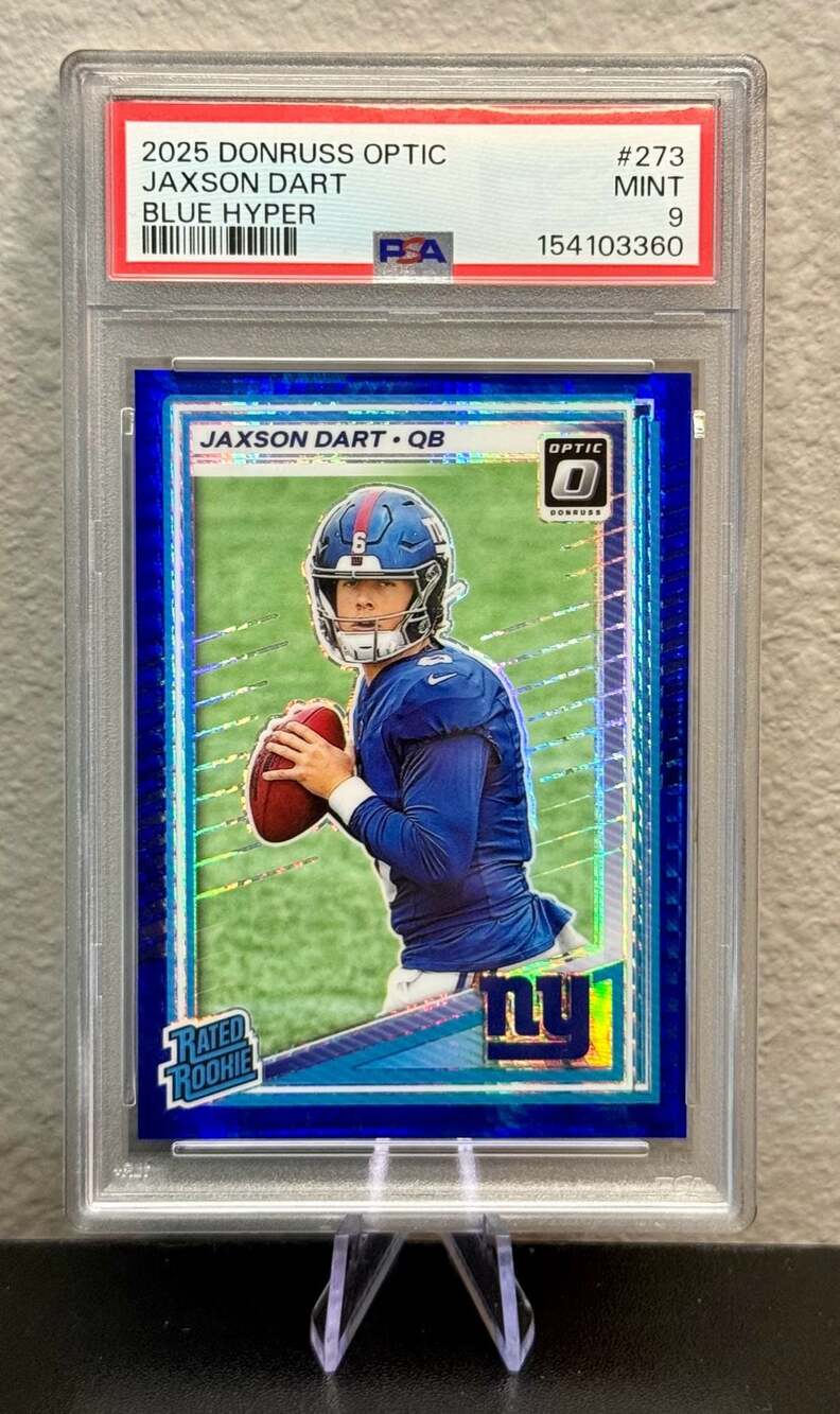 2025 Panini Donruss Optic Jaxson Dart Rated Rookie Blue Hyper Prizm #273 PSA 9
